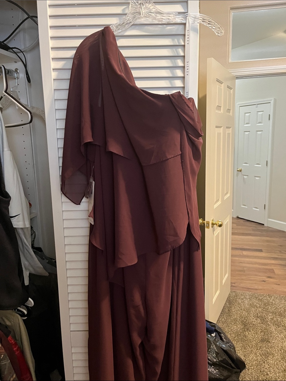 Azazie One-Shoulder Burgundy Chiffon Jumpsuit